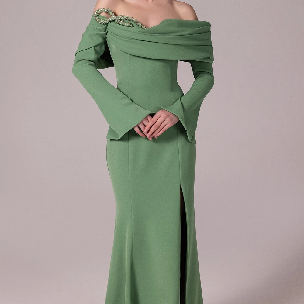 فساتين سهرة حورية البحر مخصصة بطول الأرض قبالة الكتف كم كامل فستان حفلات موضة مطرزة الطية ثنيات