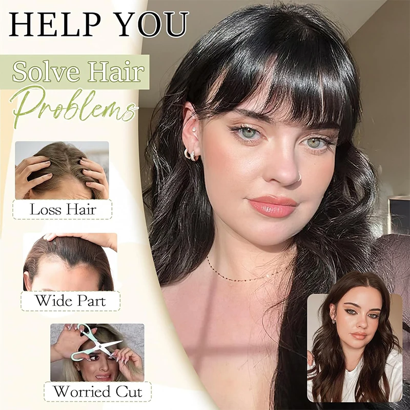 وصلات شعر وهمية بمشبك مع مشابك غير مرئية، غرة فرنسية، تغطية معبد الشعر الرقيق للنساء، غرة منحنية صناعية