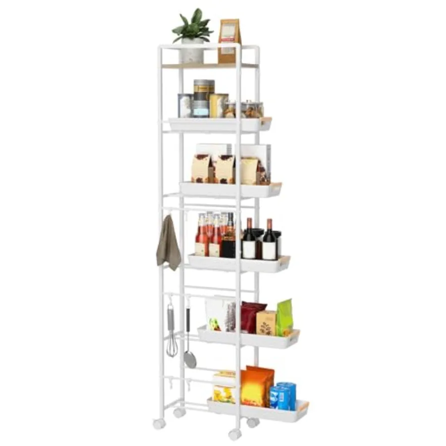 

6 Tier Slim Storage Cart with Pull-Out Baskets Rolling Cart with Wheels Wood Top Narrow Utility Cart Metal Shelving Units for P