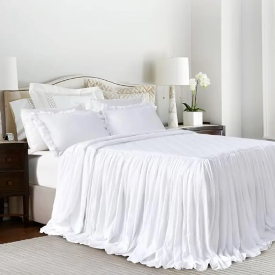 

Queen Size Bedspread Set 3 Pcs White Washed Quilt Set Shabby and Chic Blanket Ruffle Skirt Quilted Coverlet Farmhouse Rustic Be