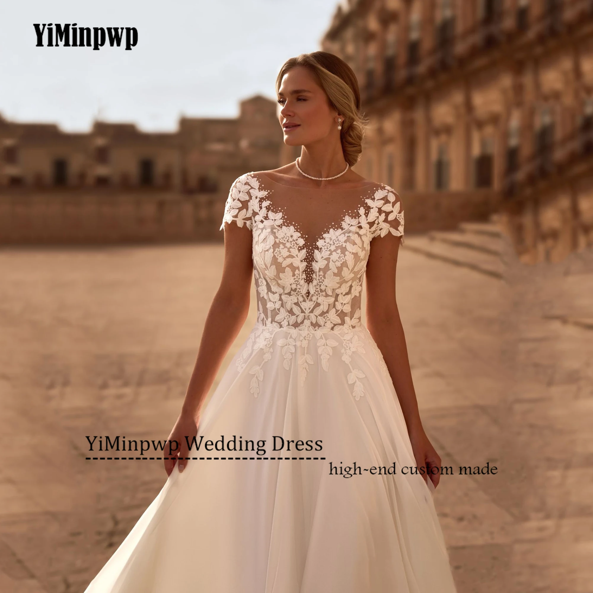 Gaun Pengantin Boho Applique Punggung Terbuka Kustom 2025 Gaun Pengantin Manik-manik Renda Sendok Lengan Pendek Wanita Gaun Pengantin Sifon Gaun Pengantin