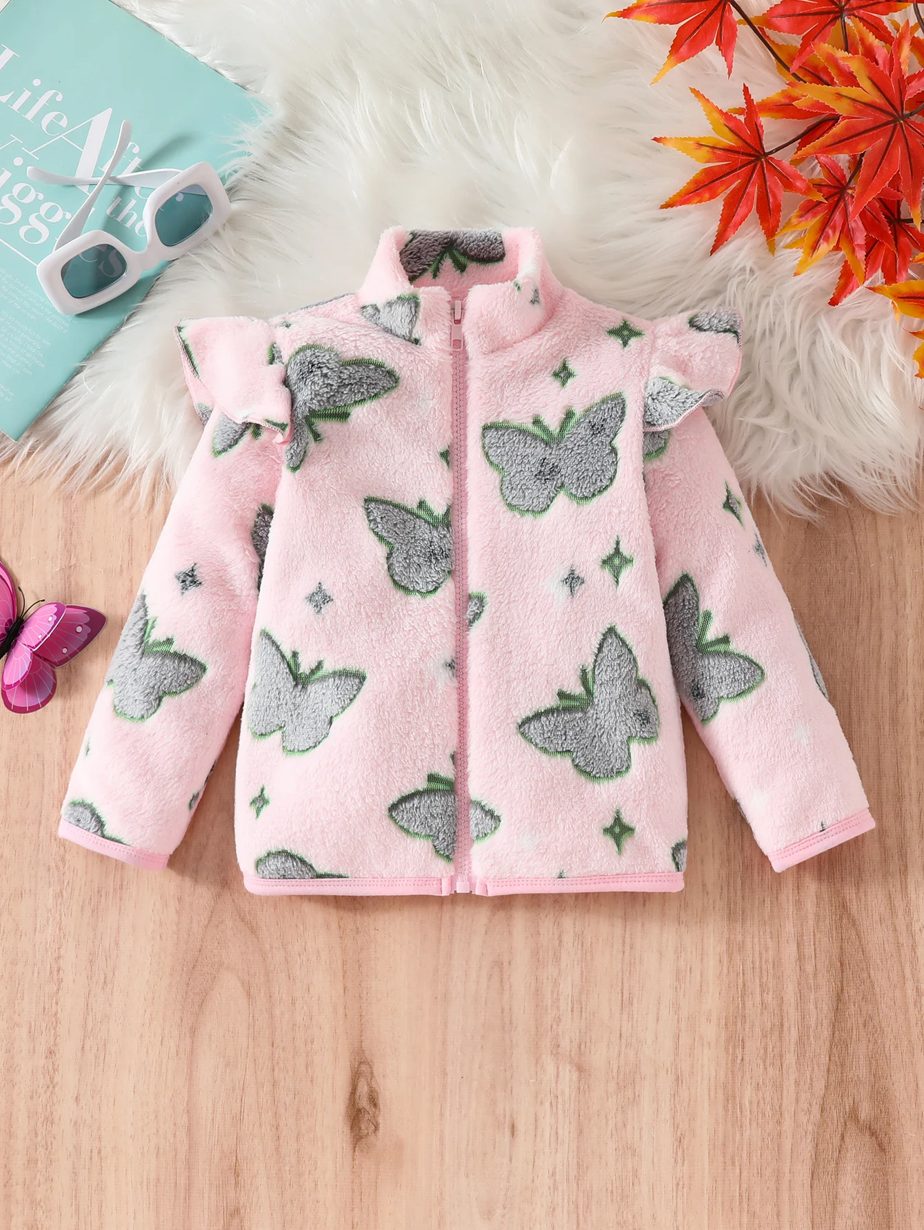 Cute Casual Baby Girl Long-Sleeve Butterfly Flower Zipper Fleece Outdoor Jacket