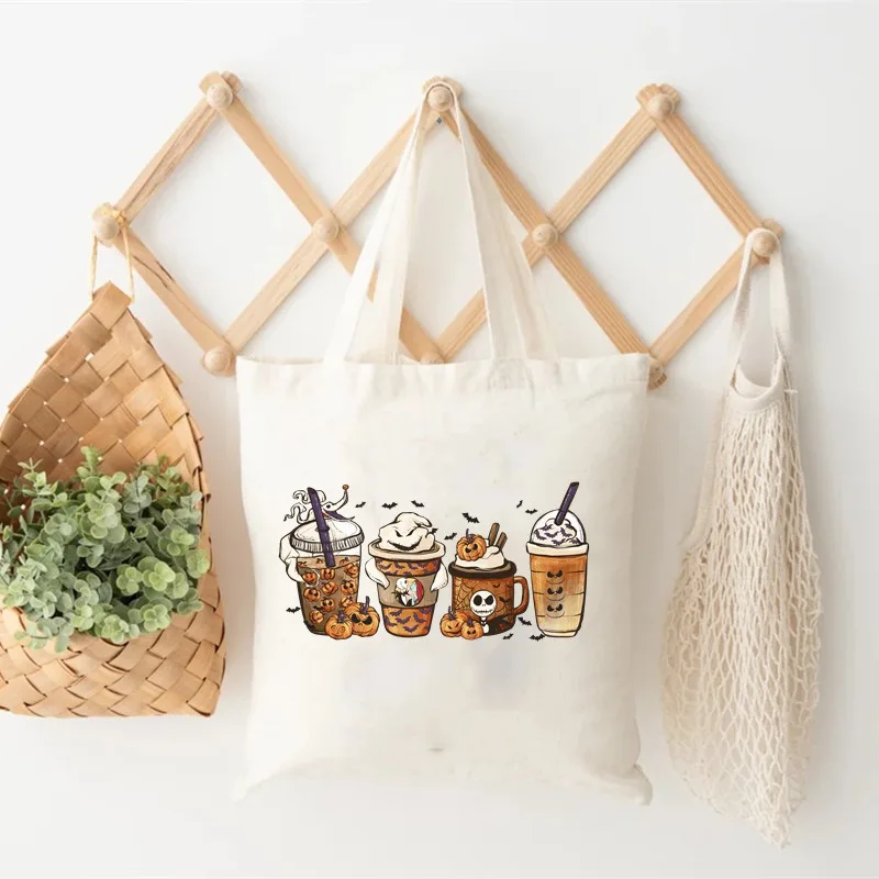 아이들이 냄새내린다 만화 컵 패턴 토트백 캔버스 숄더백 여행용 일상 통근용 여성용 재사용 쇼핑백 귀여운