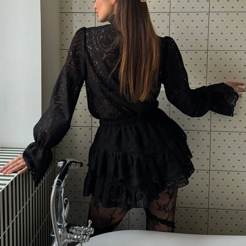 Women's Casual Flare Sleeve Pleated 2Pc Suit Fashion Lace Embroidery Solid Sets Elegant Stand Collar Shirt & Mini Skirts Outfits