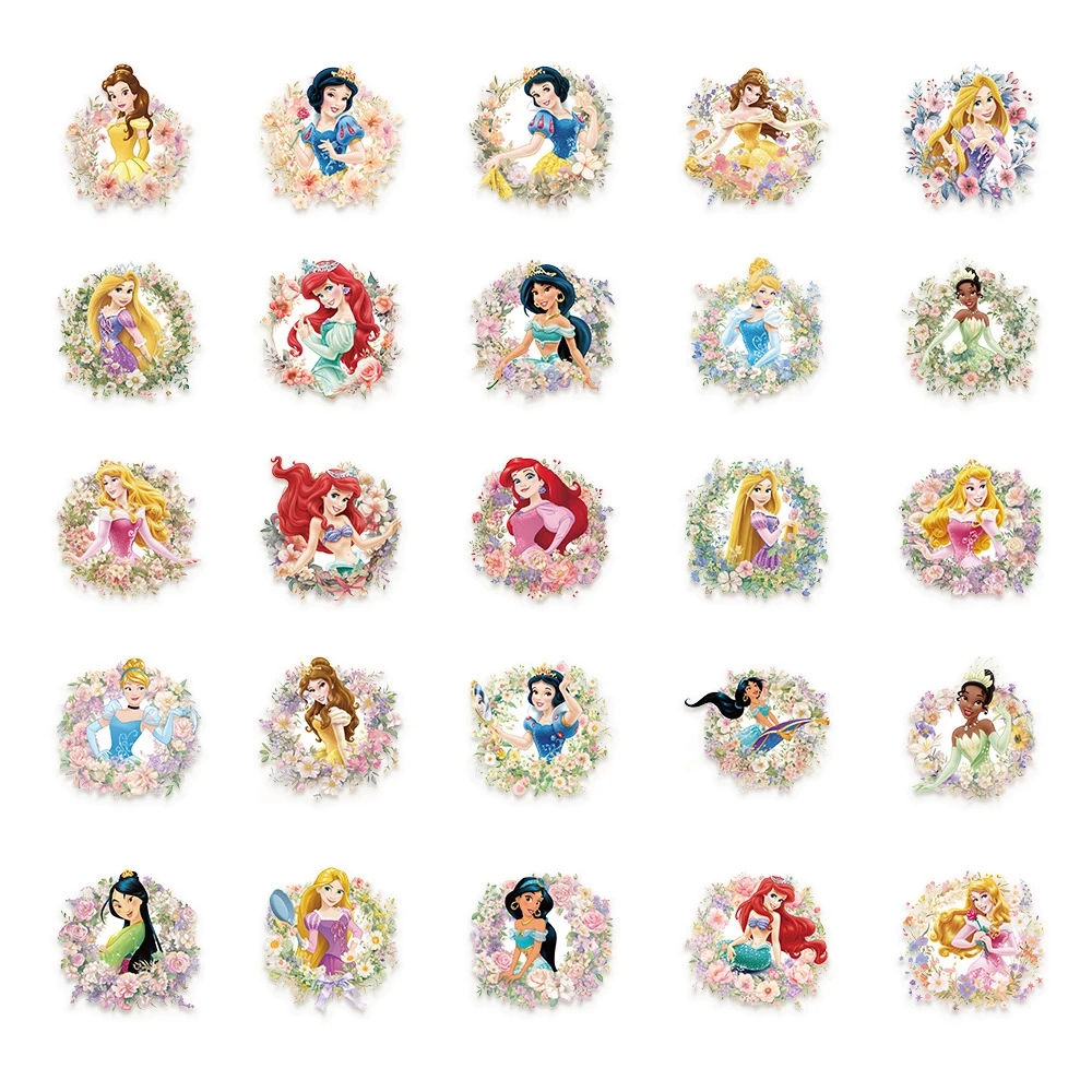 50pcs Cute Disney Princess Flowers Aesthetic Stickers Rapunzel Snow White Ariel Cartoon Sticker Luggage Phone Transparent Decals - view 6