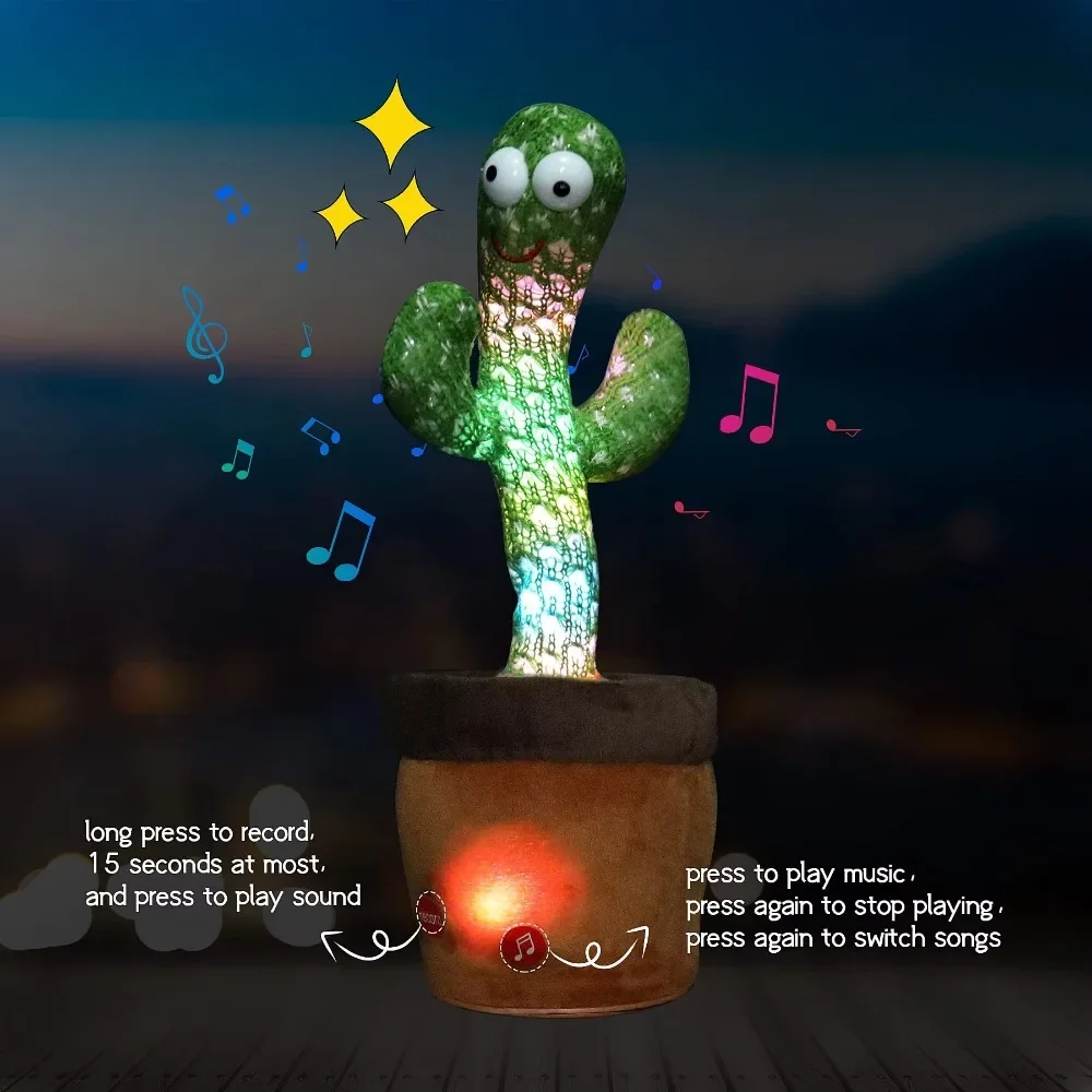 Dança cactus falando brinquedo de pelúcia com função de mudança de voz, 120 peças músicas carregamento usb, presente educacional para crianças