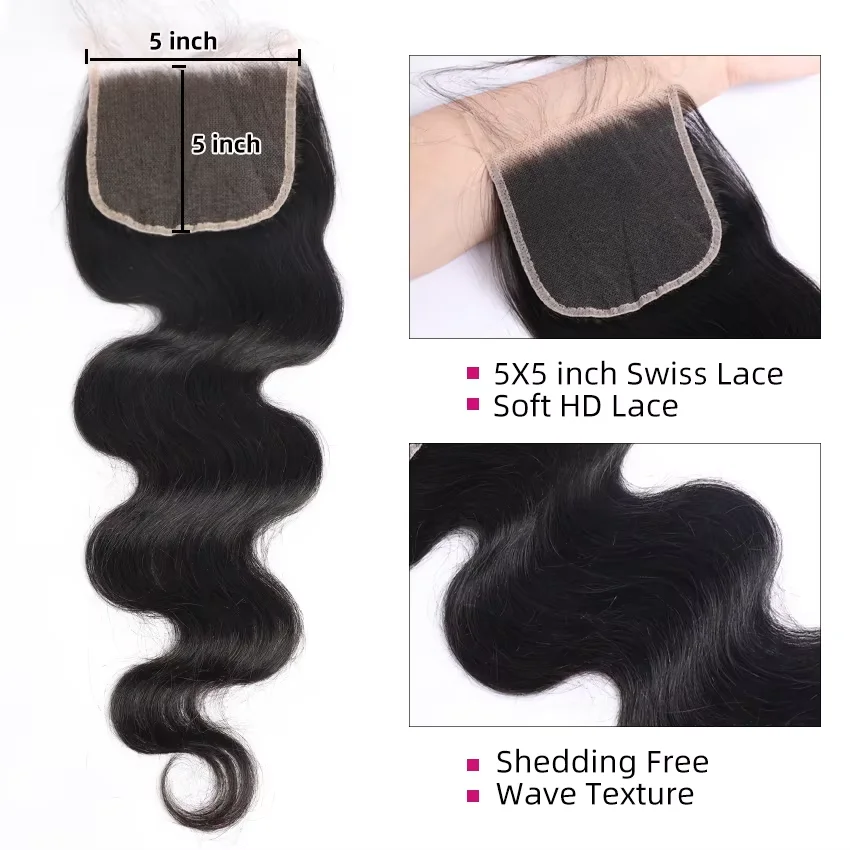 32 40 "Body Wave Human Hair Bundle ปิดหน้าผาก 5X5 HD ผมสาน 3/4 Bundle ปิด 4x4 HD ปิดลูกไม้ด้วย Bundle