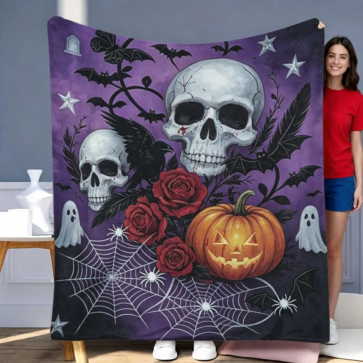 Purple Background Skull Red Rose Crow Pumpkin Halloween Flannel Throw Blanket, Gothic Spooky Holiday Blanket for Bedroom Decor