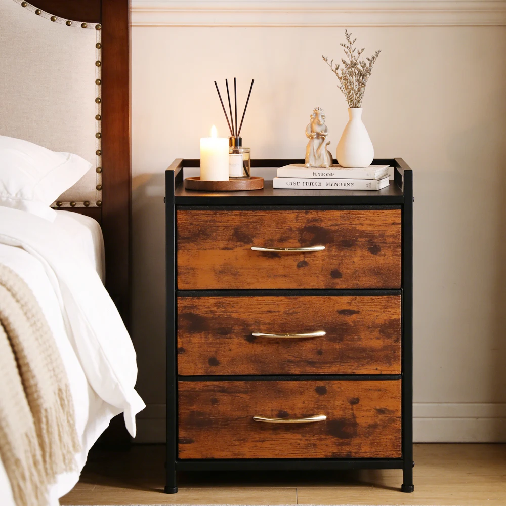 

Nightstand With Fabric 3 Drawers,Sturdy Steel Frame,Night Stand for Bedroom,Elegant Furniture Side Table, Living Room, Office