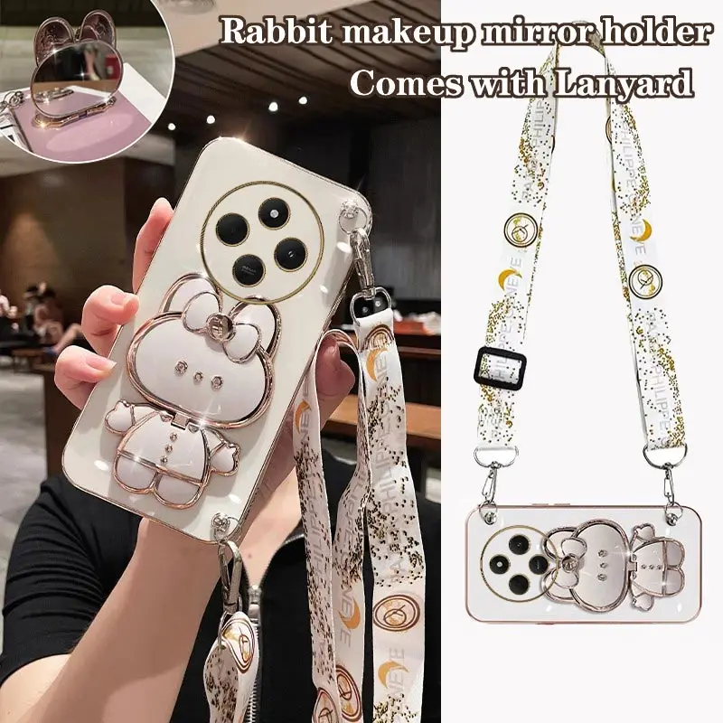 14 C Rabbit Holder Lanyard Plating Phone Case For Xiaomi Redmi 14C 12C 13 10C 10 13C 12 10A A3 Turbo3 9 9T 9A 8 8A A1Plus Cover