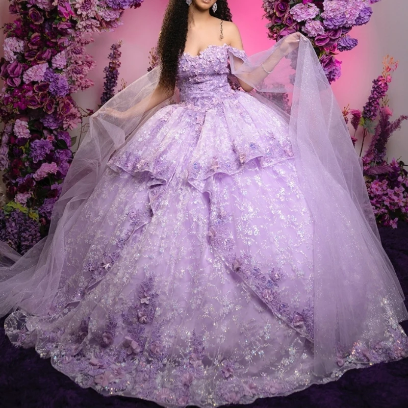 

Mexican Lavender Quinceanera Dress Ball Gown Off The Shoulder Lace Applique Beading With Cape Corset Vestidos 15 De XV Anos