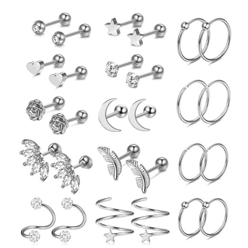 Fashion Crystal Zircon Cartilage Piercing Earrings Set Women Stainless Steel Spiral Tragus Stud Earring Body Jewelry