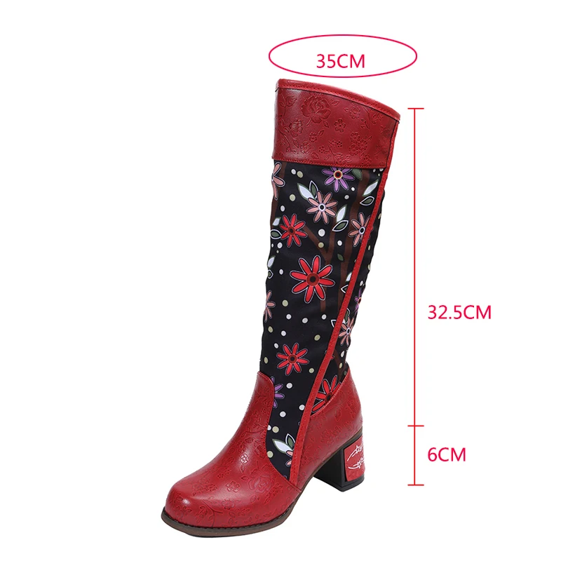 Casual vintage floral ethnic style women\'s boots adjustable knee-high boots