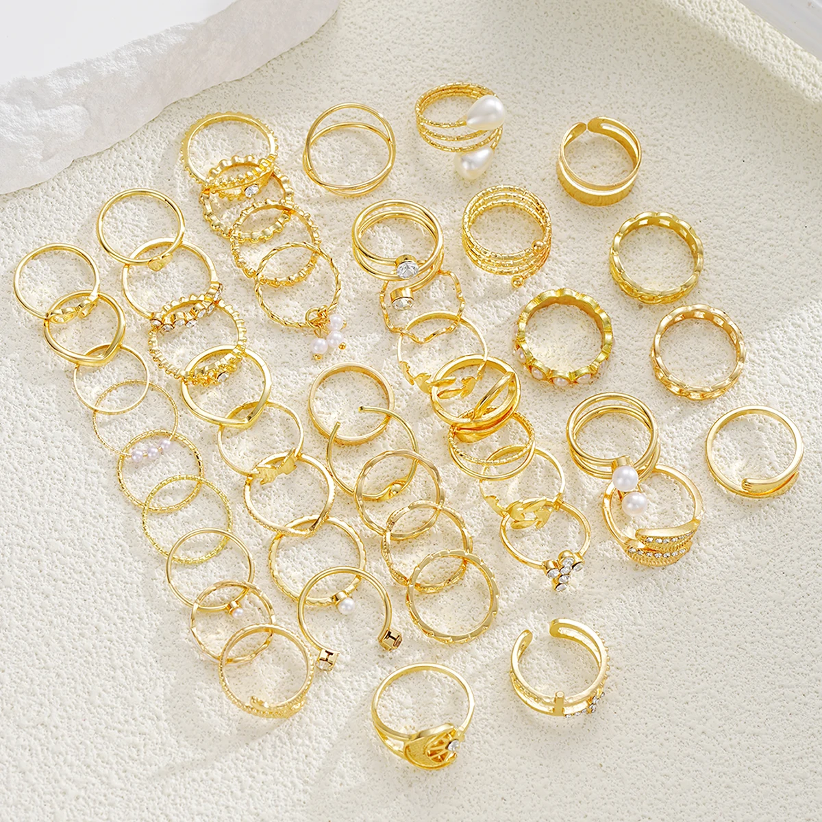 الذهب اللون زهرة اللؤلؤ ورقة تصميم المعادن المفصل خواتم مجموعة الإبداعية هندسية المشتركة خواتم للنساء مجوهرات حفلات الزفاف اليومية #2