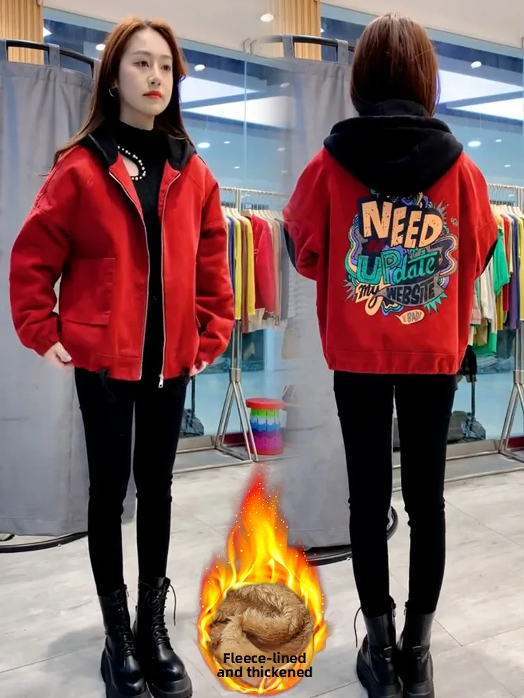 

Red Fce Lined Hooded Jaet Women's Winter Thiened Small Size Slimming Casual Cotton Parka Coat Korean Sle Loose Fit