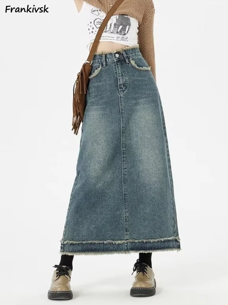 

Denim Skirts Women Retro Chic Elegant Ankle Length Stretchy Daily All-match Fashion Raw Edge Bleached Ladies Korean Style Simple