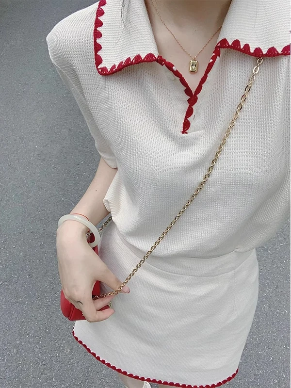 Korean Style Texture  Neck Short Sleeve Knitwear Women's Summer Fashion High Waist Slim A-Line  Skirt Two-Piece Set