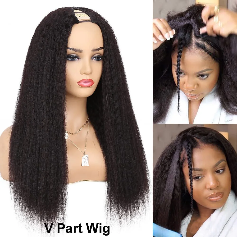 Kinky Straight V Part Wigs Human Hair For Women No Leave Out Upgrade U Part Wig No Glue Yaki Straight Full Head Clip in Half Wig