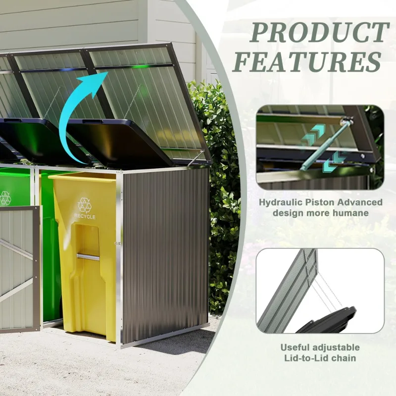 Grey 3 Trash Cans Garbage Bin Shed with Pneumatic Support Rod Lockable Doors Waterproof Lid for Patio Garden Backyard
