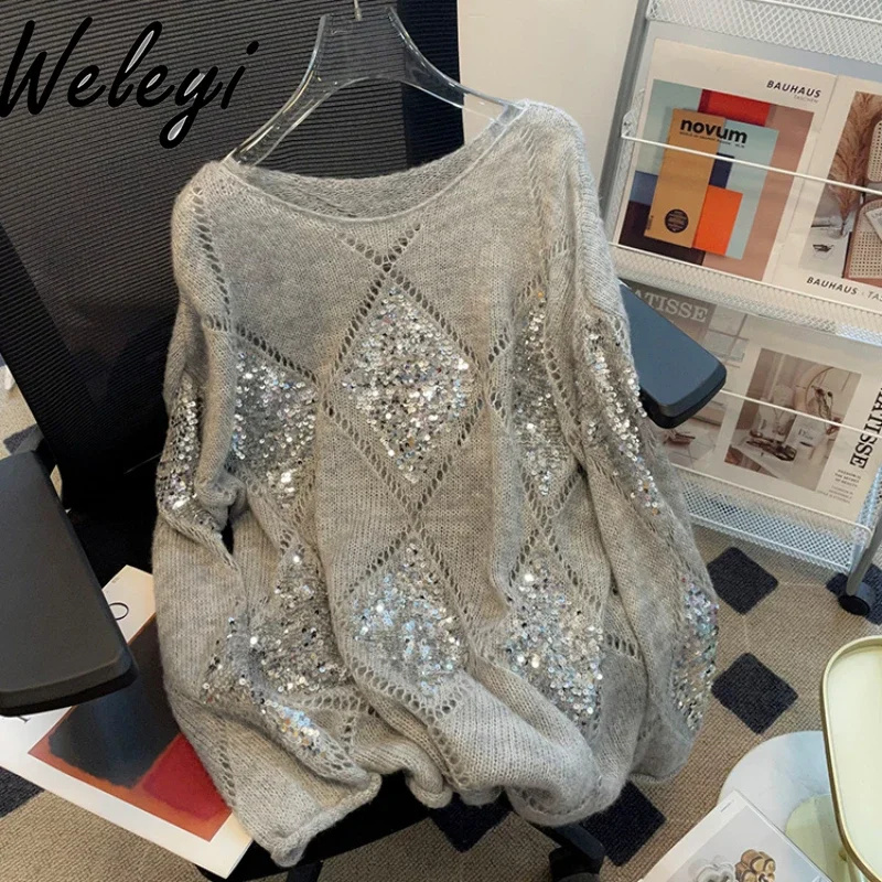 

Women's Sequins Hollow Knitted Sweaters 2024 Autumn New American Style Woman Fashion Loose Long Sleeve Knitted Jumper Feminino