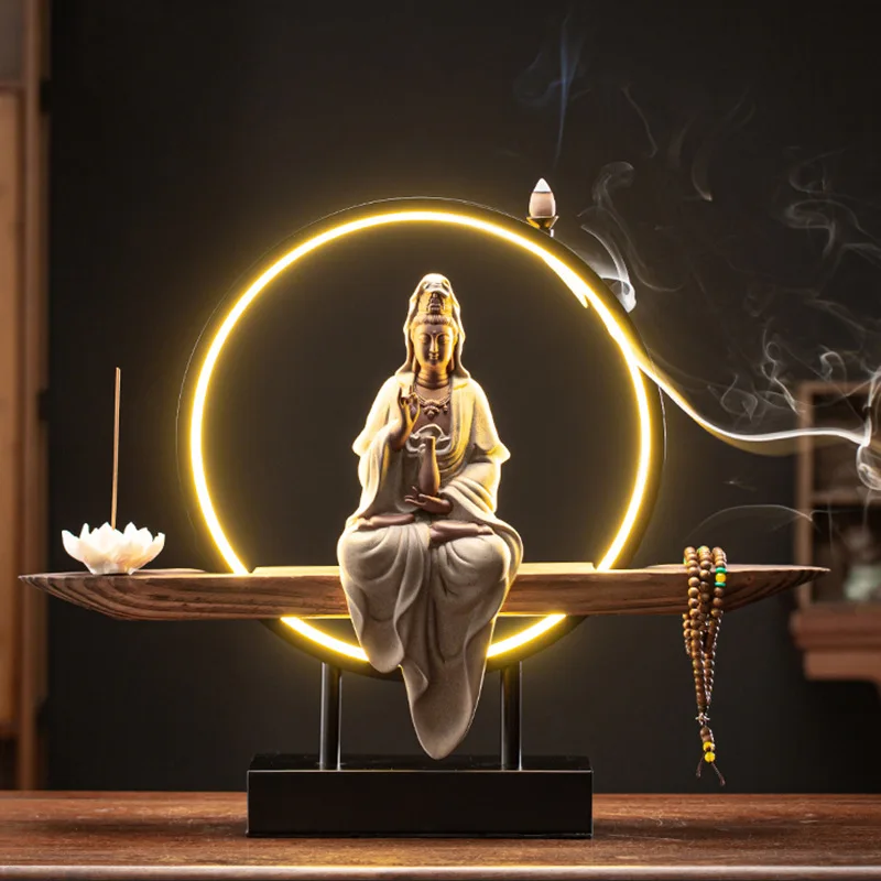 

Zen New Chinese Style Guanyin Bodhisattva Ceramic Craft Buddha Statue Home Worship Ornament Ruyi Guanyin Home Decoration