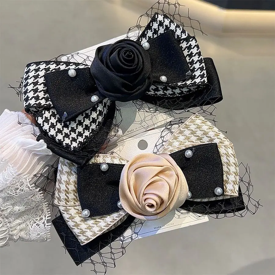 

French Elegant Rose Mesh Bow Hair Clip Houndstooth Top Clip Half Tied Hair Spring Clip