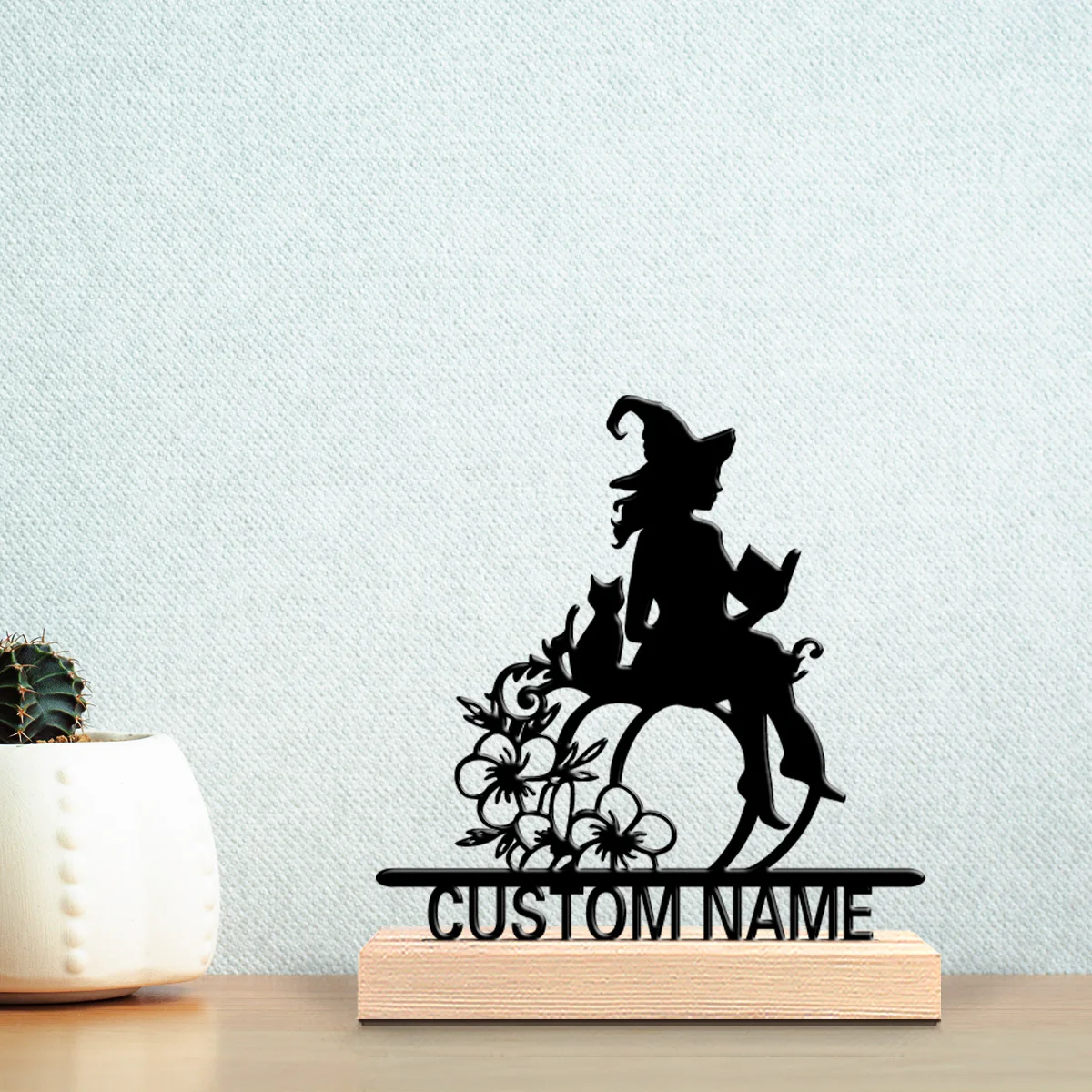1pc Fashion Personalized Custom Witch Black Cat Metal Statues Modern Wooden Base Decor for Office Living Room Nature-Inspired