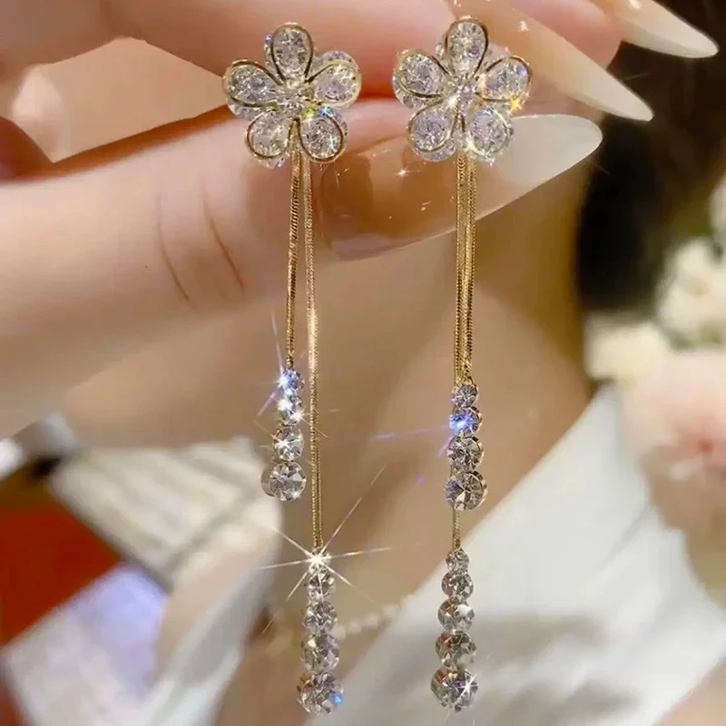 

New Sweet Zircon Flower Long Tassel Pendant Stud Earrings for Women Elegant Exquisite Temperament Girls Birthday Gift Jewelry