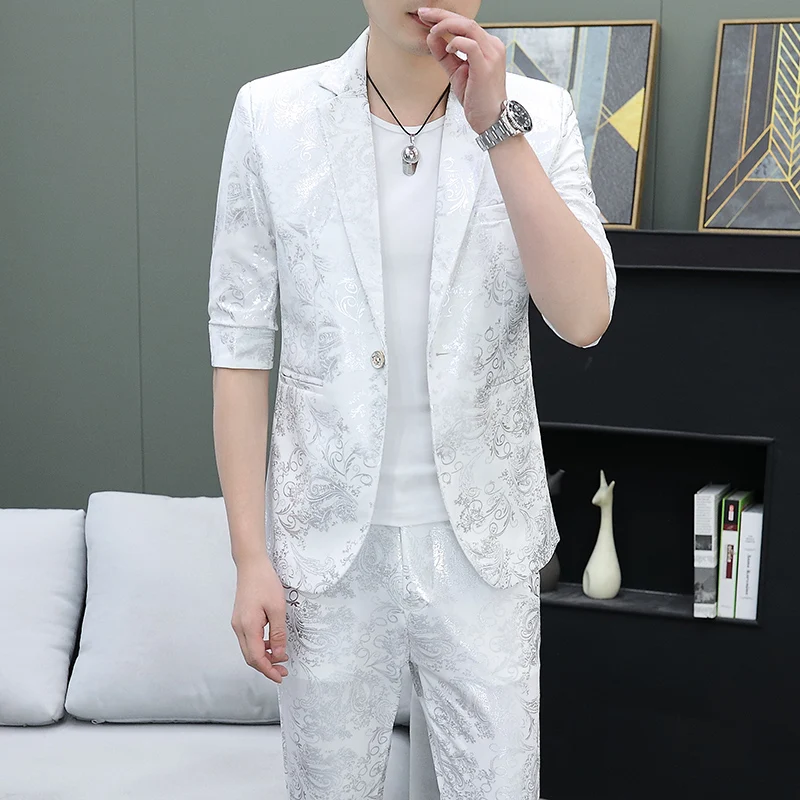 Printed Mid-sleeve Small Suit Men\'s Suit Summer Thin Korean Version Personality Trend Handsome Seven-quarter Sleeve Suit Jacket