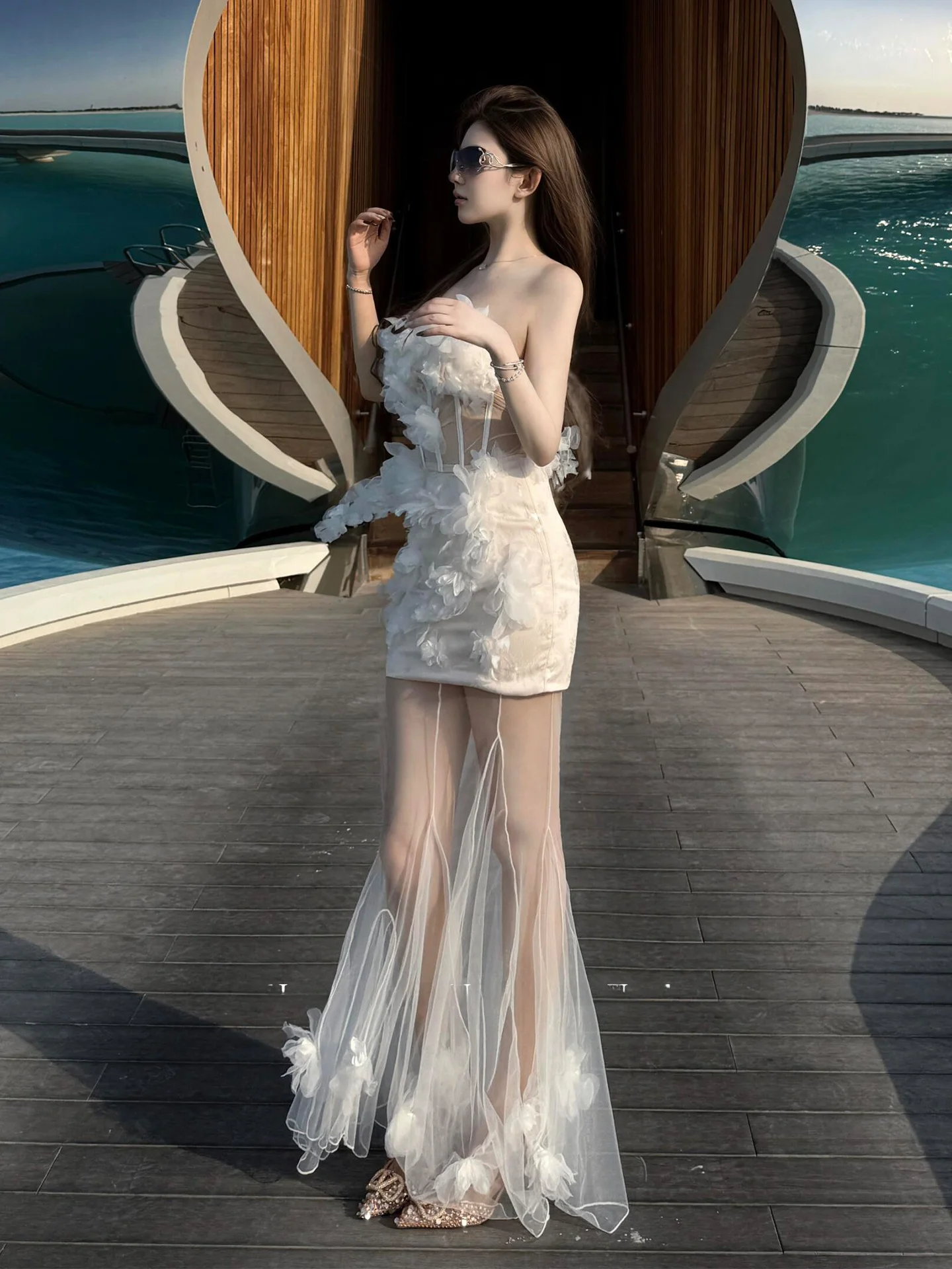 

Sexy Birthday Dr Women's Strapl Hollow out Floral Embroidery Skirt High Waist A-Line Summer Polyester No Elastici Zip...