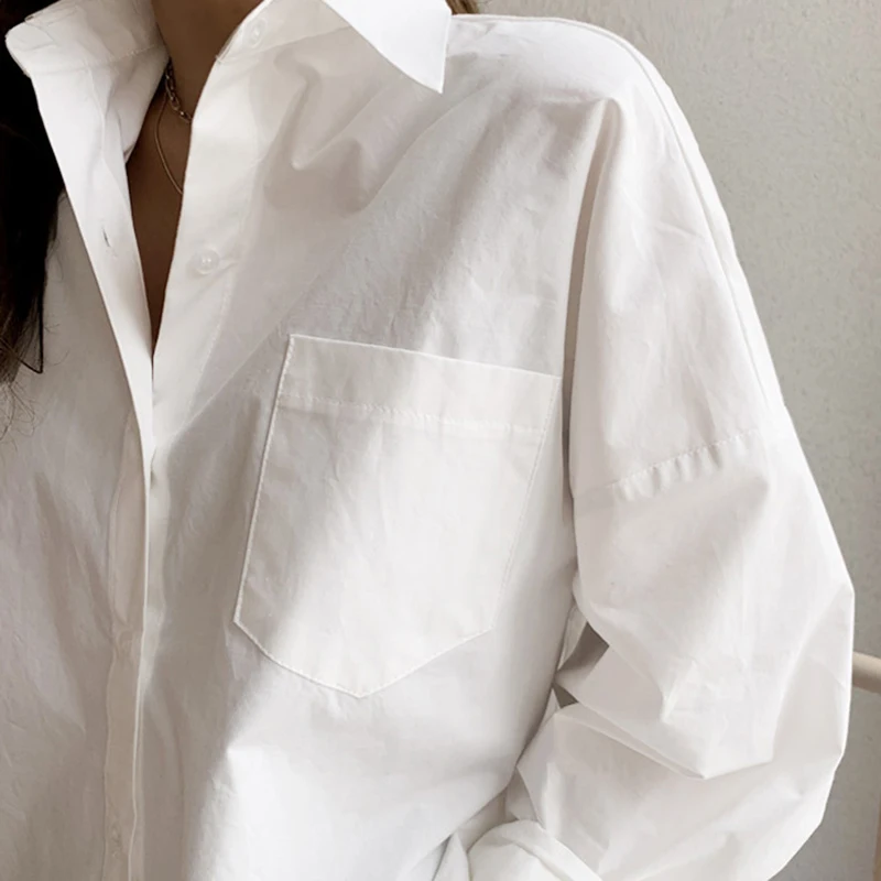 Rimocy Spring Summer Loose White Shirts Women Fashion Big Pocket Turn Down Collar Woman Blouses 2022 Button Office Blusas Ladies