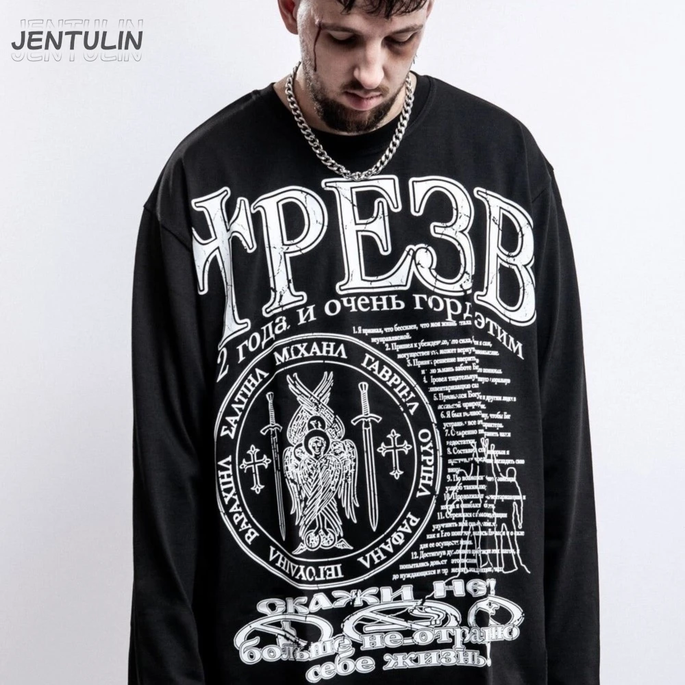 Oversized Men's Clothing Streetwear Sober Print Autumn Hip Hop Korean Long Sleeve Y2k Tops Tee Cotton Graphic Unisex Tshirt Goth