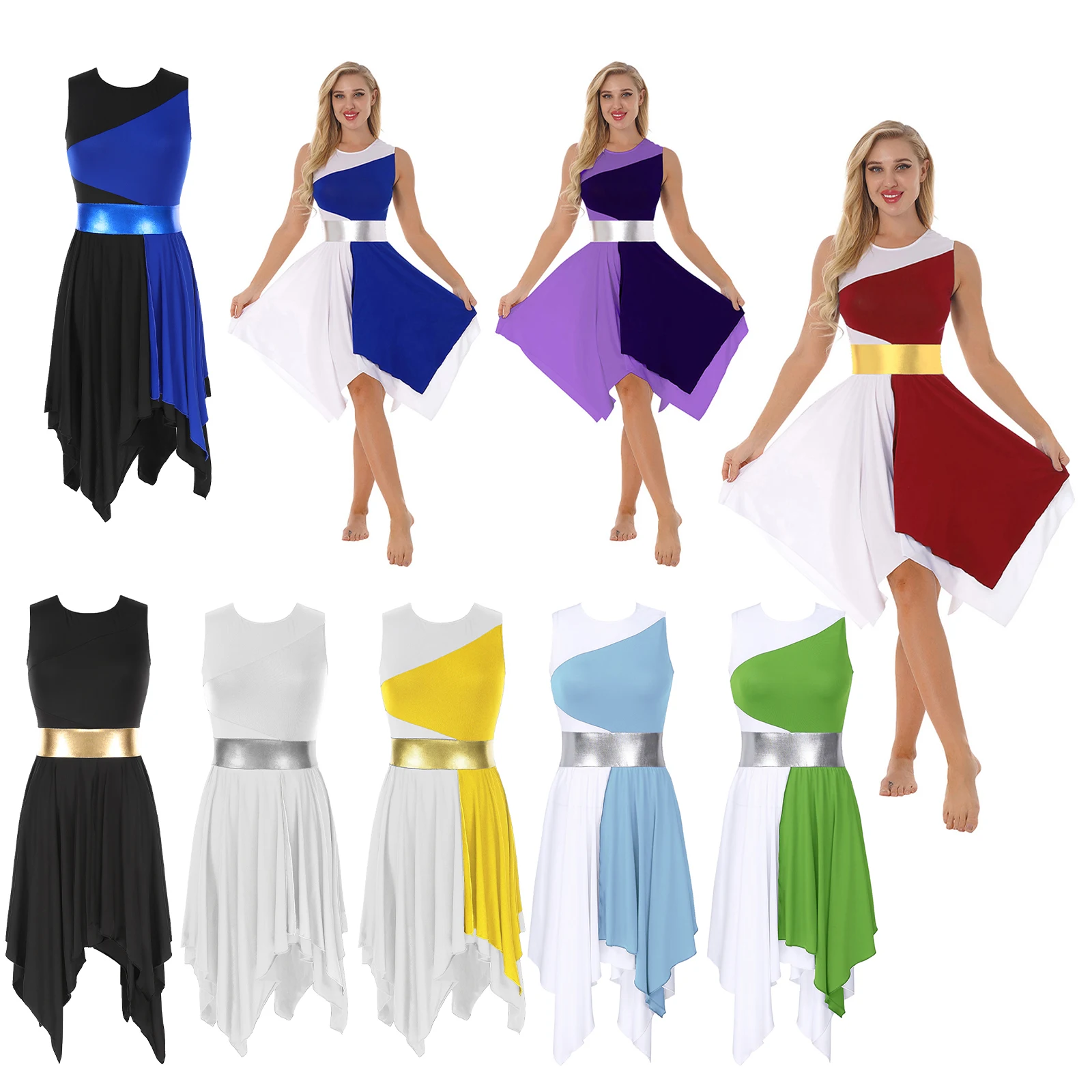

Womens Color Block Sleeveless Dance Dress Round Neck Asymmetrical Hem Dresses for Prom Party Stage Performance Costume Dancewear