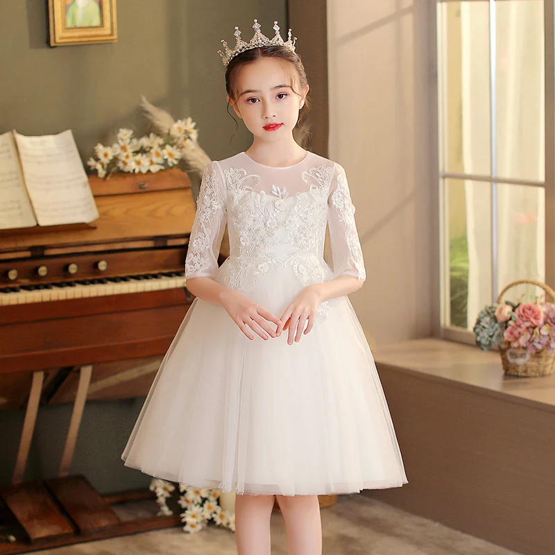 Girls\' Dress Half Net Sleeve Ankle-Length Tutu Mesh Yarn Dress Elegant White Embroidered Flower Girl One-piece For Wedding