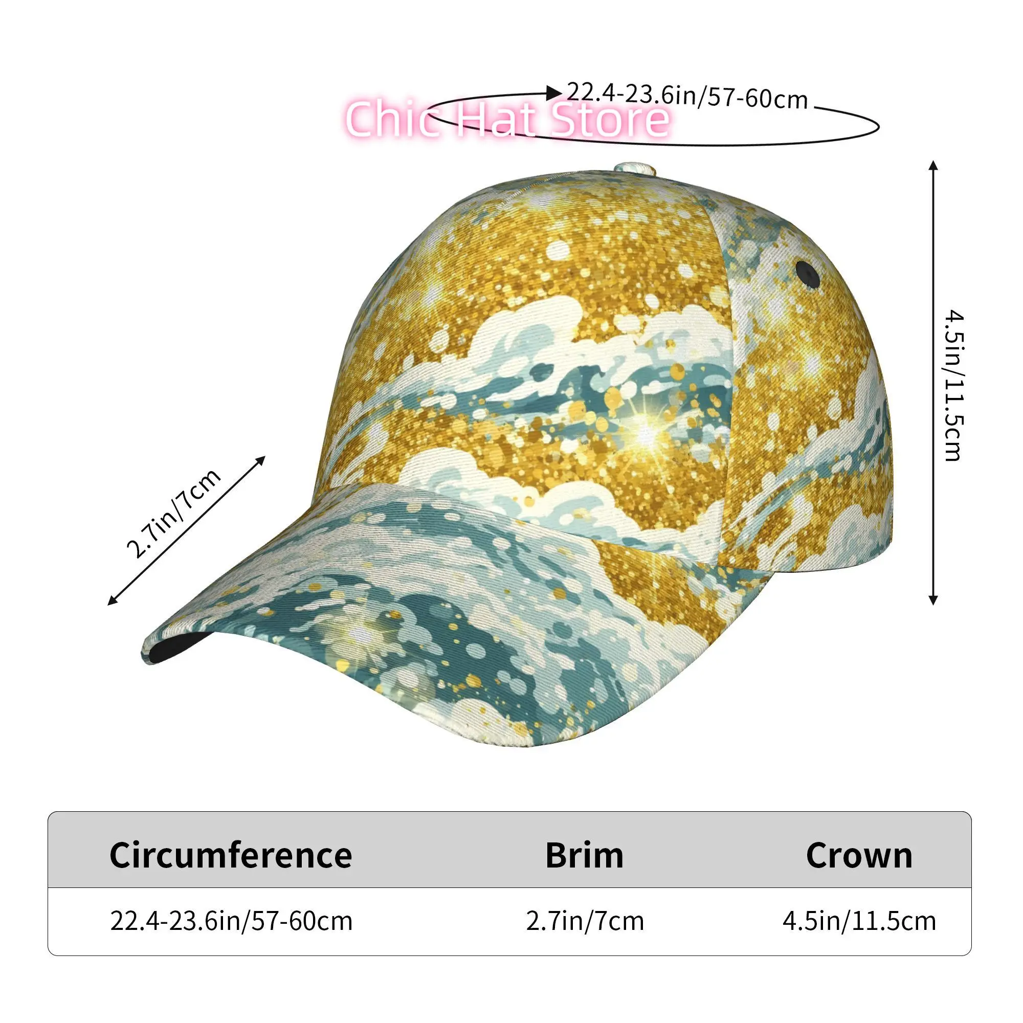 Golden Glitter Waves, Fashionable Printed Baseball Cap, Curved Brim Baseball Cap, Sports Running Caps, Adjustable Baseball Caps