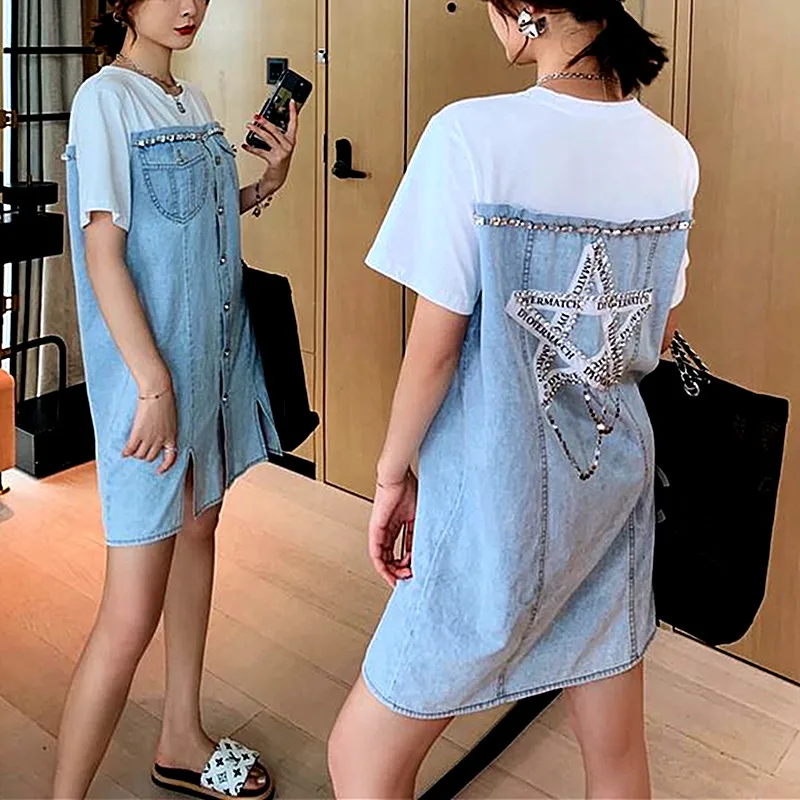 Y2K Women Summer Cotton Denim Spliced Patchwork Dresses Luxury Diamond Stars Chains Beaded Party Club Blousa Tees Dresses NZ37