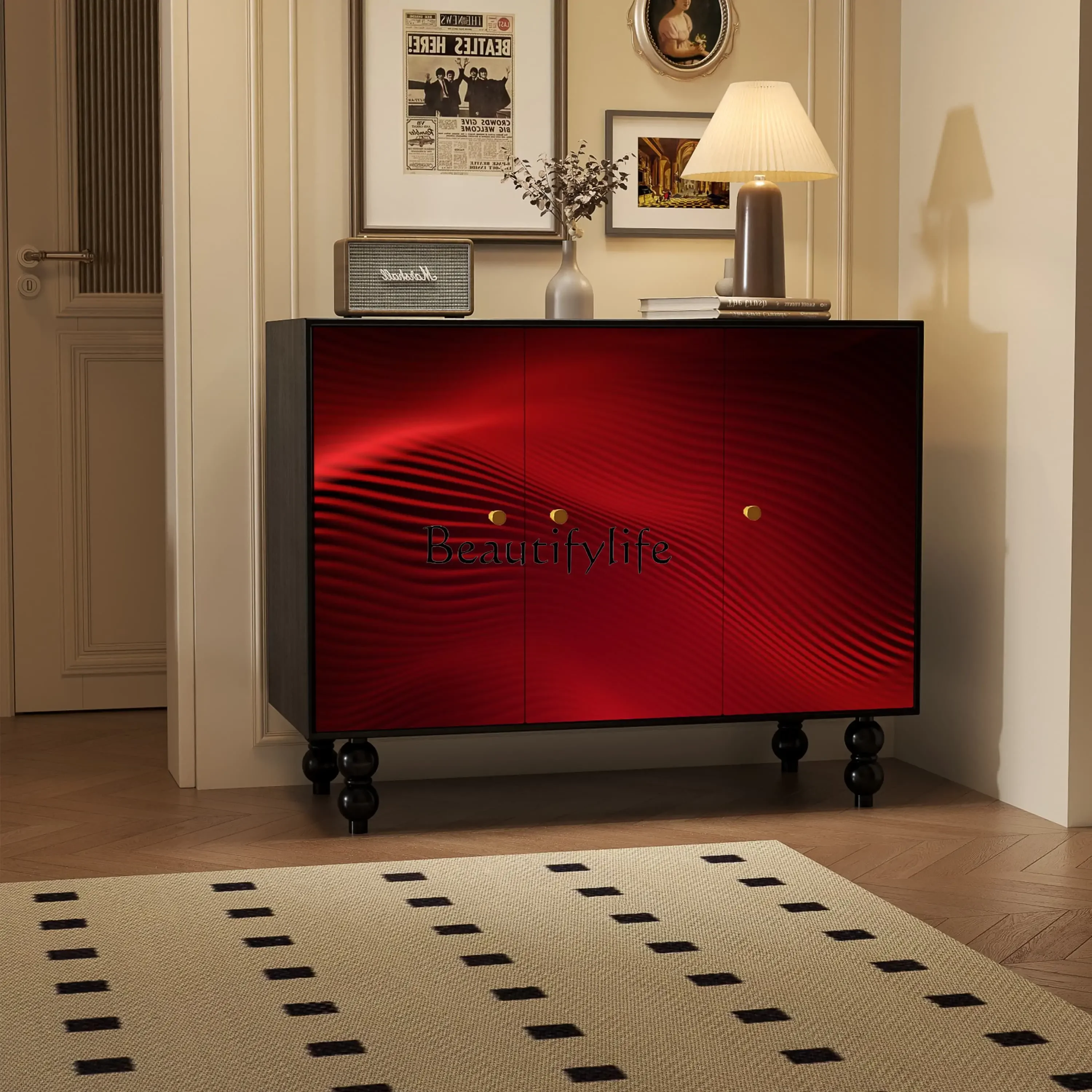 

06 solid wood red French painting art solid wood entrance cabinet living room bed and breakfast side cabinet