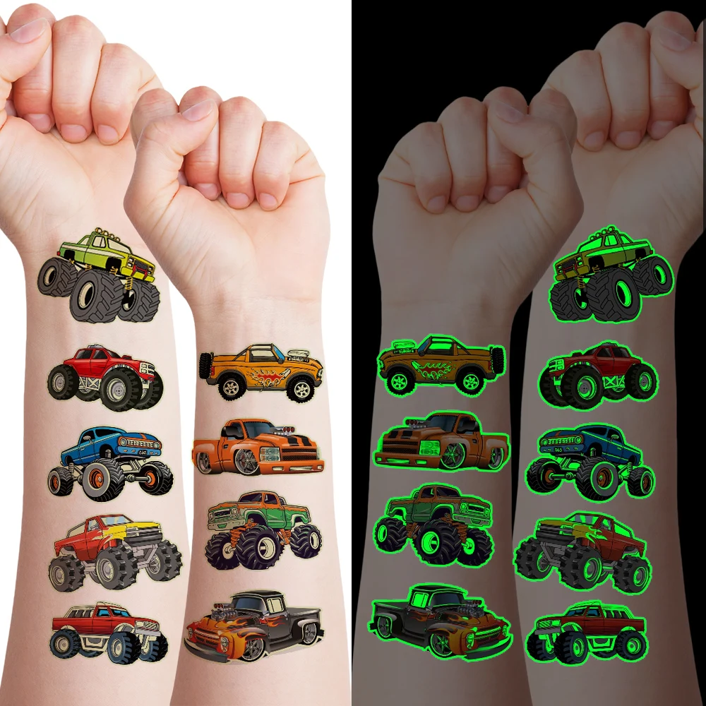 

6pcs Glow-in-the-Dark Car Tattoo Stickers Monster Truck Racing Buggy Temporary Tattoos Fake Tattoos Cartoon Car Tattoos For Boys