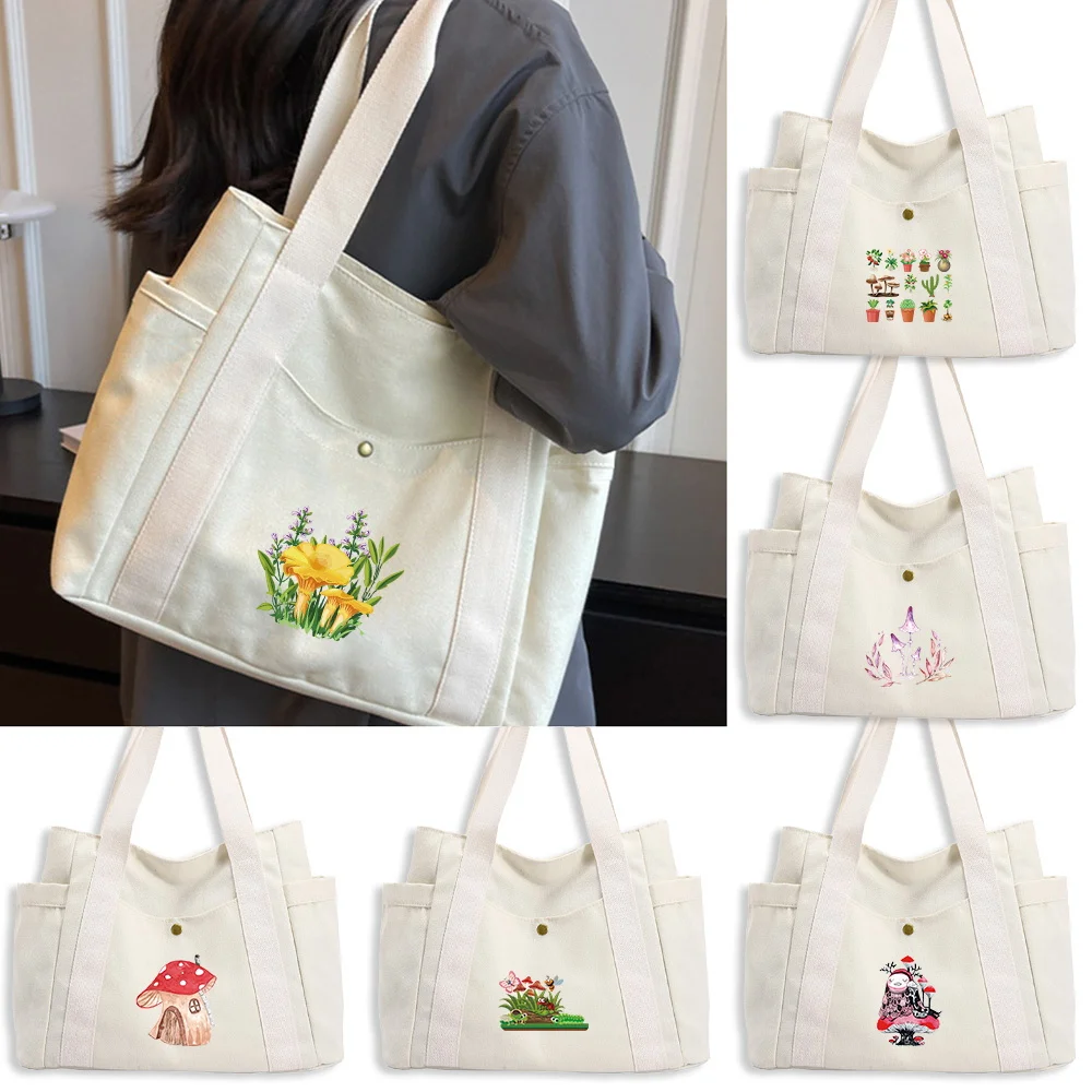 

Canvas Bag Large Capacity Mushroom Series Shopping Bags Stylish Single Shoulder Canvas Bag Commuting Daily Grocery Shopping