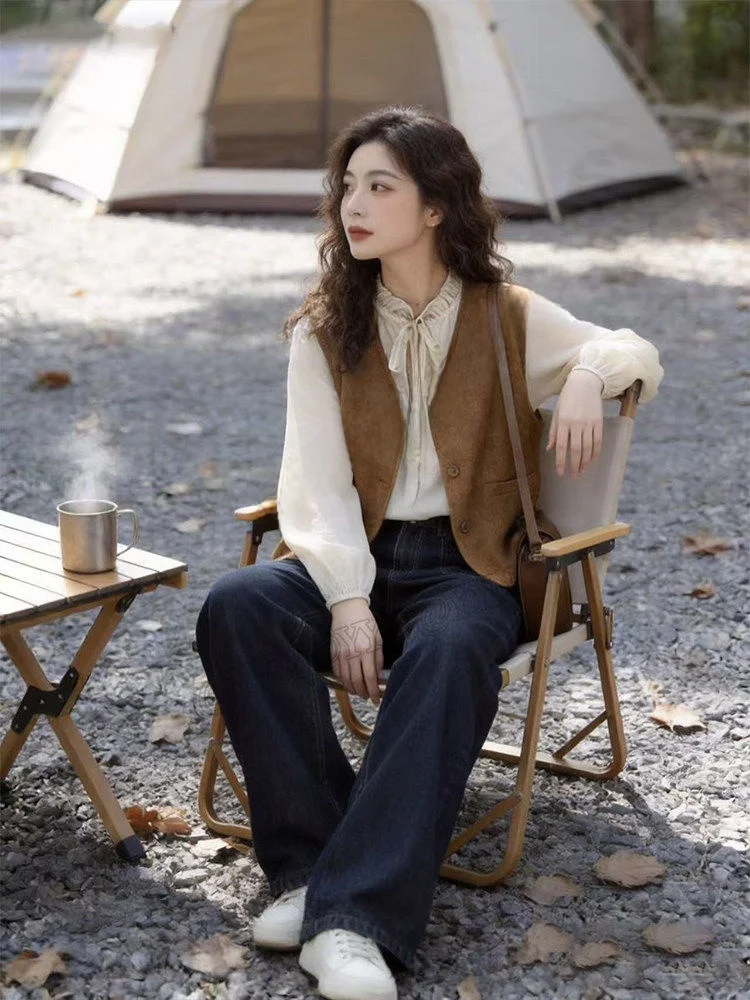 

Spring Summer Artistic Style Women's Vintage Age-Defying Vest Shirt Wide Leg Slimming Jeans Three-Piece Set Casual Fashion