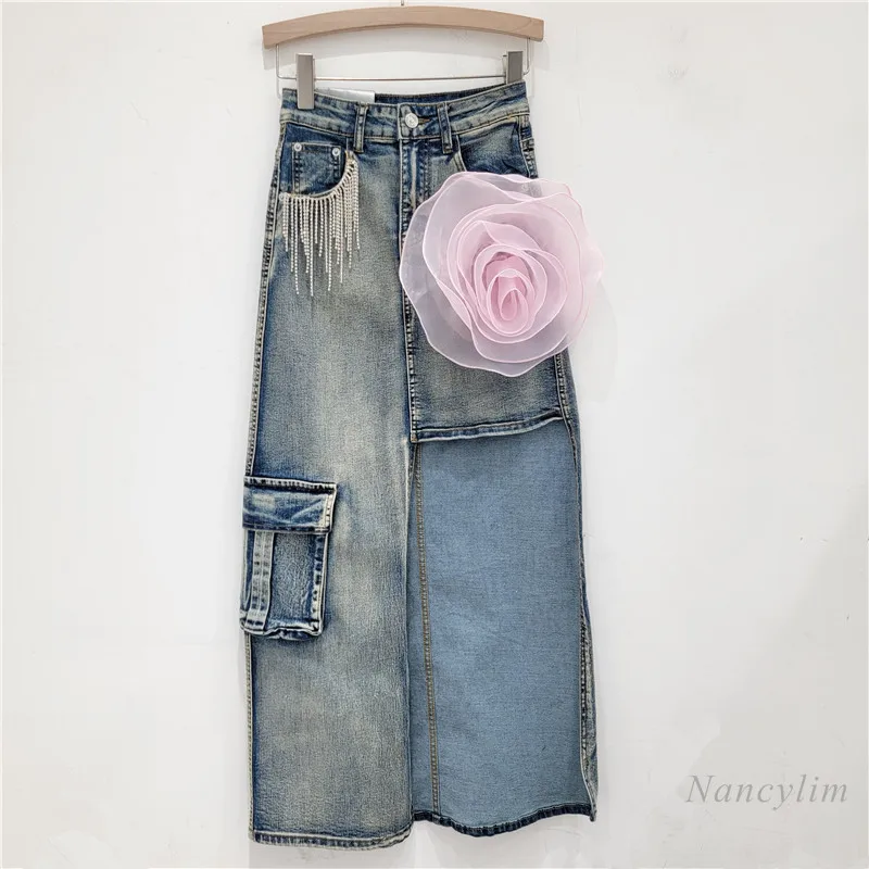 European and American Style Heavy Industry Design Irregular Denim Skirt Women 2024 Summer Fall New Slimming Long Skirts