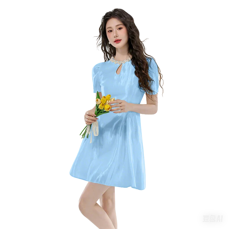 Frauen Neue Einfarbig Elegante Kleid Sommer Design Nagel Perle Oansatz Kurzen Ärmeln Dünnes Mini Kleid Süße Party Kleid