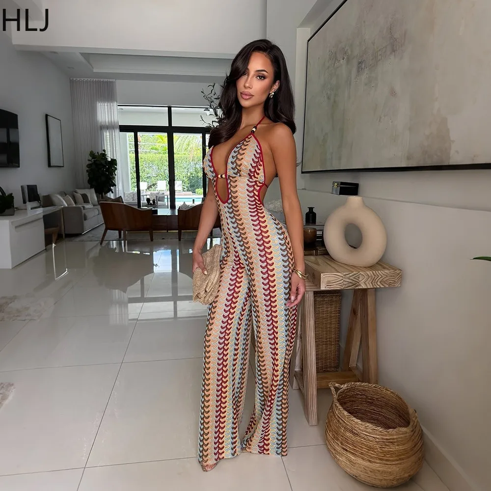 HLJ Sexy Halter Printed Bodycon Jumpsuit for Women Deep V Neck Wide Leg Long Romper Female Beach Holiday Club Party Overalls New