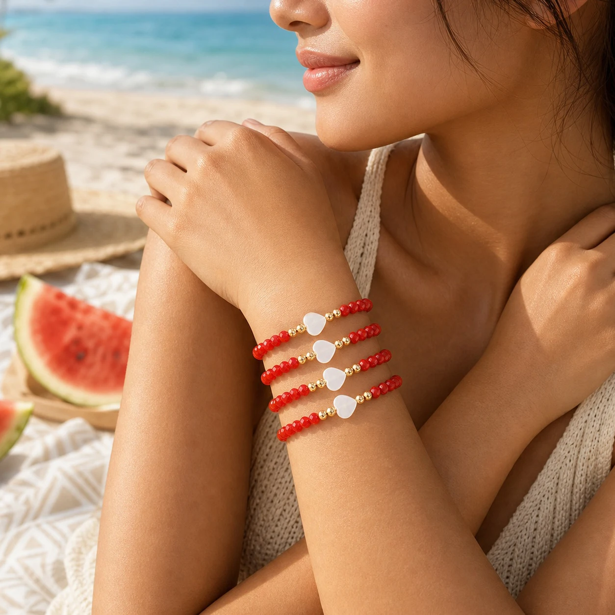4pcs Red Glass Beaded Bracelet with White Heart Charm Gold Color Copper Stackable Sweet Romantic Beach Style for Women
