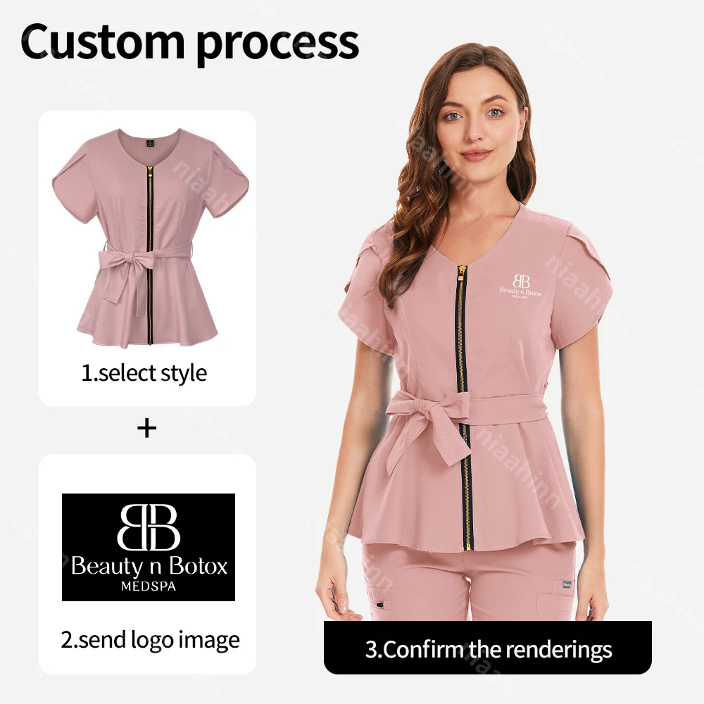 Nurse Scrub Tops Printed or Embroidered Logo Pet Veterinary Work Clothes Women Solid Color Tops Short Sleeve Pocket Spa T-shirts