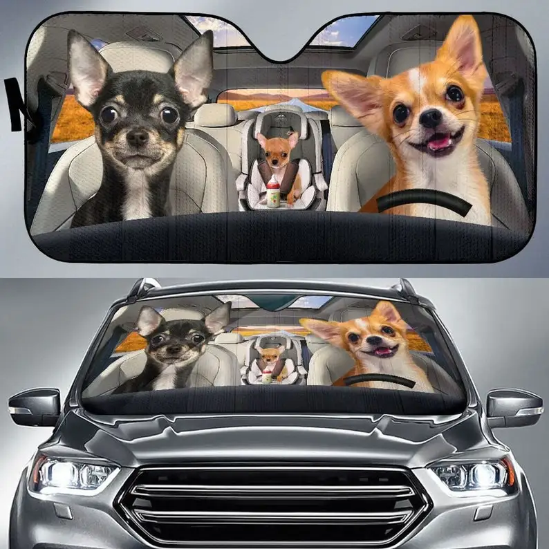 Three Chihuahuas Safe And Driver Auto Sun Shade Windshield Sunshade, Car Accessories, Custom Animal Pattern Sunshade, Personaliz