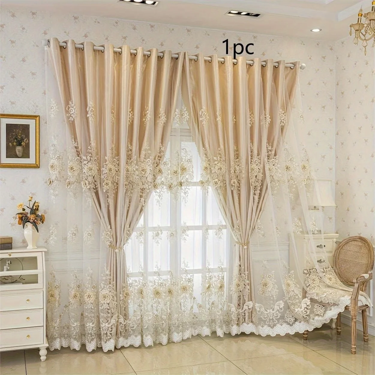 1pc Luxury Double Layer Embroidered Blackout Curtain Multi Mount Washable Elegant Durable Classic Decor for Bedroom Living Room