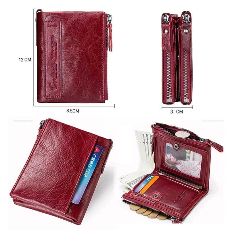 2023 Fashion Genuine Leather Women Wallet Bi-fold Wallets Red ID Card Holder Coin Purse With Double Zipper Small Women's Purse