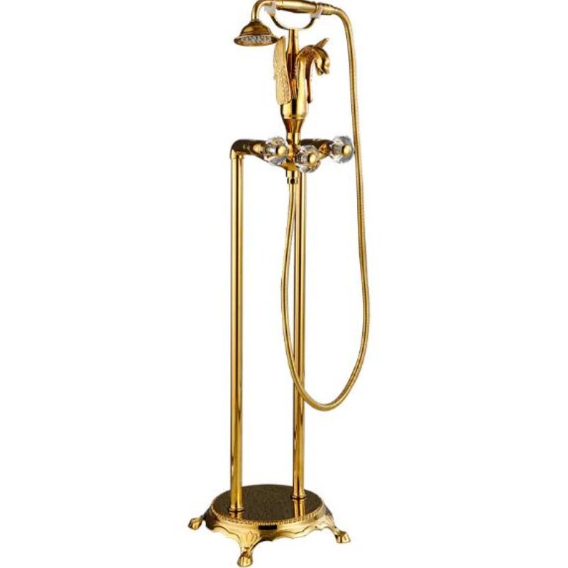 Luxury Gold Bathroom Faucet Floor Mount Carved Swan Spout Bathtub Shower Hot and Cold Mixer Tap Free Standing Brass Handshower