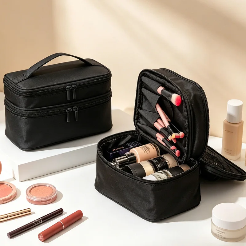 Double-layer makeup bag, portable cosmetic organizer